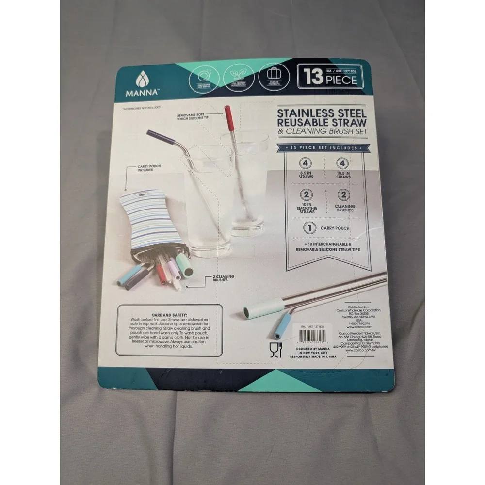 Manna Stainless Steel Resuable Straws & Cleaning Brush Set‎ 13 Piece Set